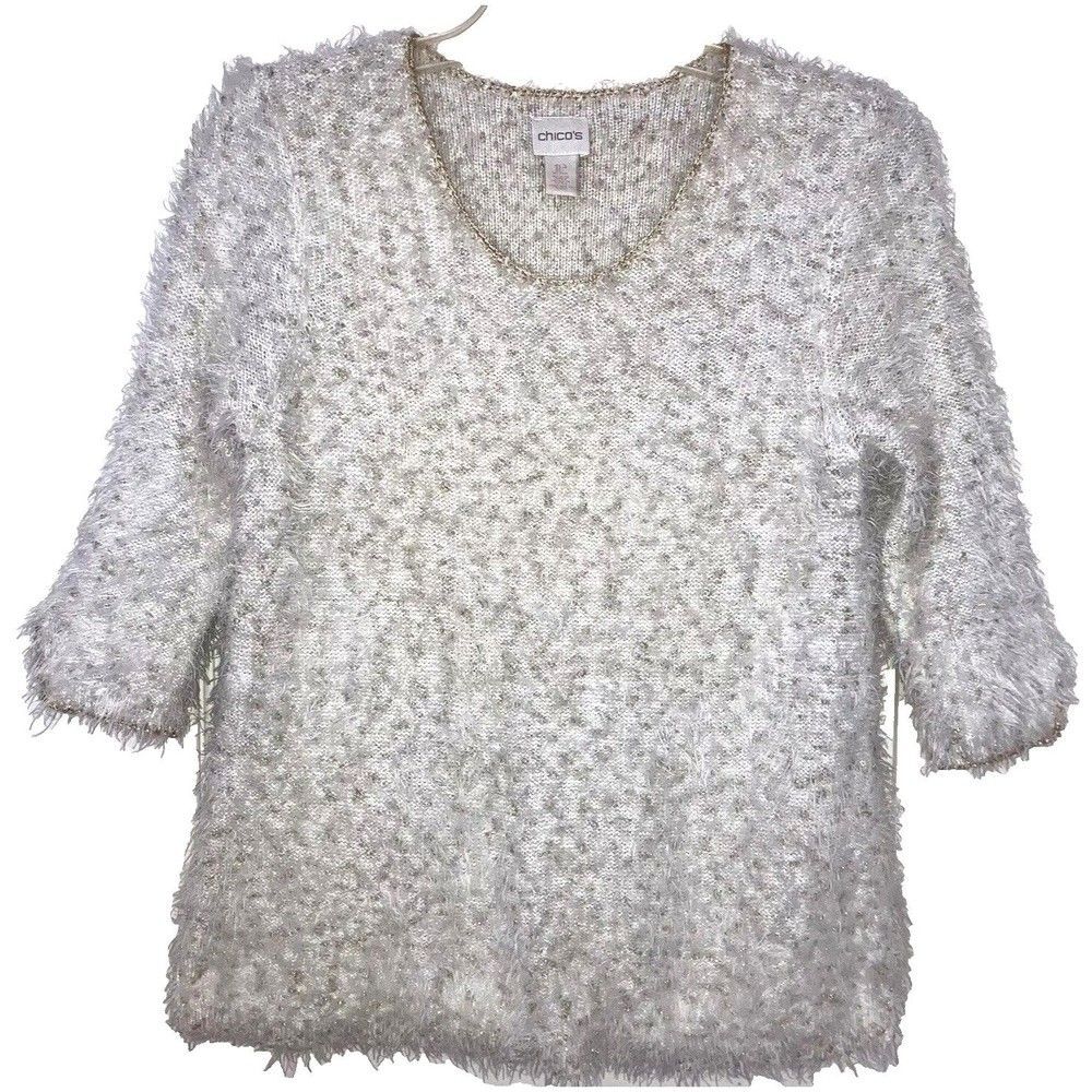 CHICO'S PM 1P Eyelash Off White Combed Knit Gold Sparkly Knit Sweater Top Petite